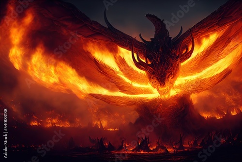 Fotografia Giant fire demon with horns and wings, fantasy demon illustration