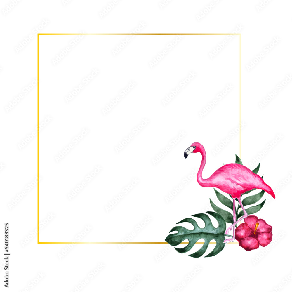 Naklejka premium Gold frame with green watercolor tropical palm leaves and exotic flamingo illustration. Luxury template element for wedding design, greeting cards and crafting, place for text