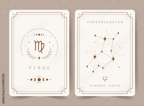 Virgo. Witchcraft cards with astrology zodiac sign and constellation. Perfect for tarot readers and astrologers. Occult magic background. Horoscope template. Vector illustration in boho style.