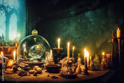 Fotografia a magical wizard workshop. fantasy