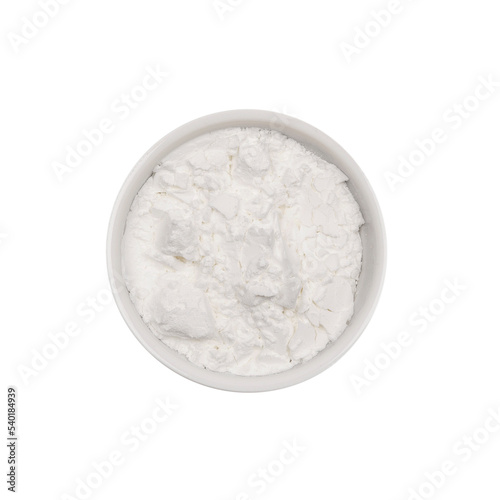Corn starch. Isolated. Cake ingredients collection. In a bowl. Top view. Transparent background. Maizena