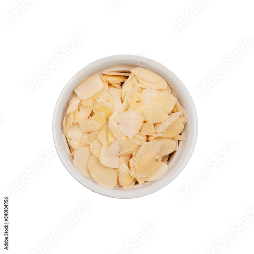 Almonds. Isolated. Cake ingredients collection. In a bowl. Top view. Transparent background. Flaked almonds.
