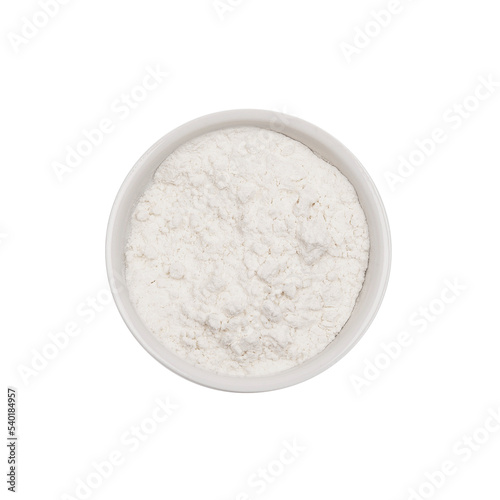 Flour. Isolated. Cake ingredients collection. In a bowl. Top view. Transparent background.