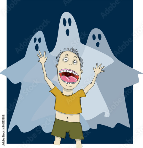 Scared boy with ghosts