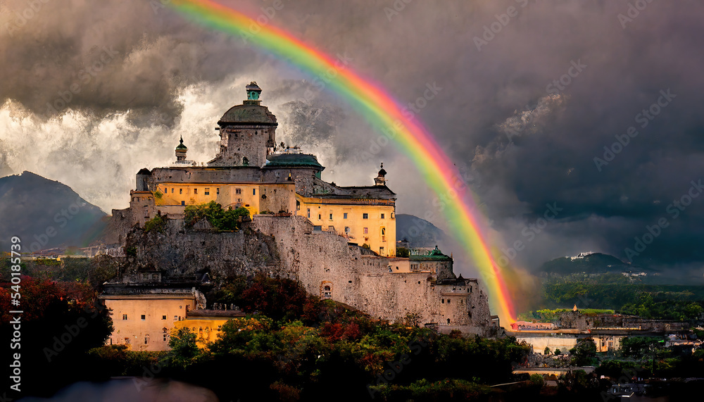 Naklejka premium AI generated image of a rainbow over Salzburg castle, Austria 