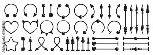 Piercing jewelry icons. Facial accessories beautiful long and rounded earrings with cones and balls, decorations for ears, nose, navel, tongue, eyebrows. Vector icon set
