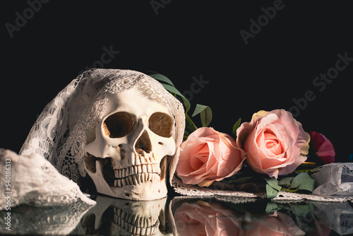 Bilde på lerret Human skull and flowers