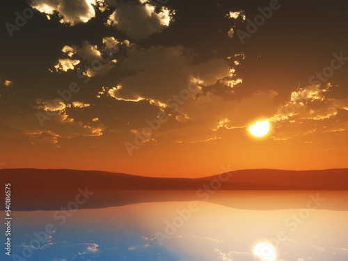 3D sunset landscape with clouds reflected in water