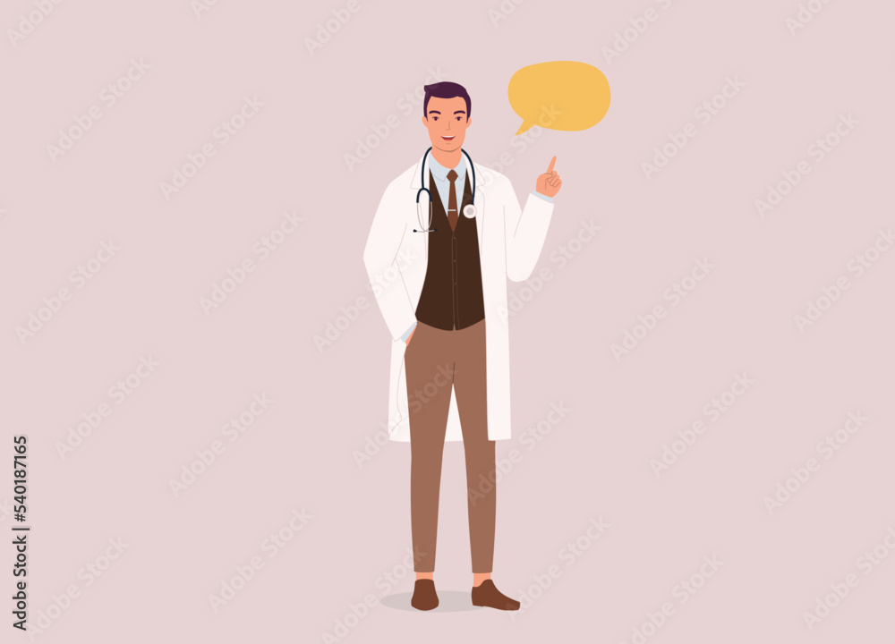 One Smiling Male Doctor In Medical Scrubs And Stethoscope Talking With One Finger Pointing Up. Full Length. Flat Design, Character, Cartoon. One Smiling Male Doctor In Medical Scrubs And Stethoscope Talking With One Finger Pointing Up. Full Length. Flat Design, Character, Cartoon.