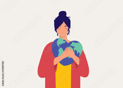 Love The Earth Concept. One Young Woman Hugging A Heart Shape Planet Earth. Half Length. Flat Design  Character  Cartoon.