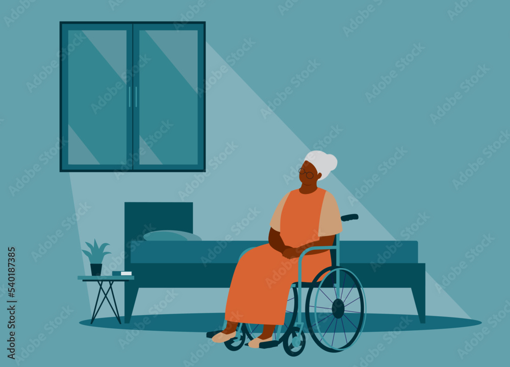 One Lonely Black Senior Woman With Wheelchair Looking At The Window At Night. Full Length. Flat Design, Character, Cartoon. One Lonely Black Senior Woman With Wheelchair Looking At The Window At Night. Full Length. Flat Design, Character, Cartoon.