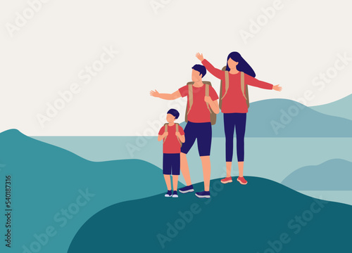 Family With One Child Standing On Top Of Mountain Peak. Full Length. Flat Design  Character  Cartoon.