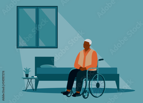 One Lonely Black Senior Man With Wheelchair Looking At The Window At Night. Full Length. Flat Design, Character, Cartoon.