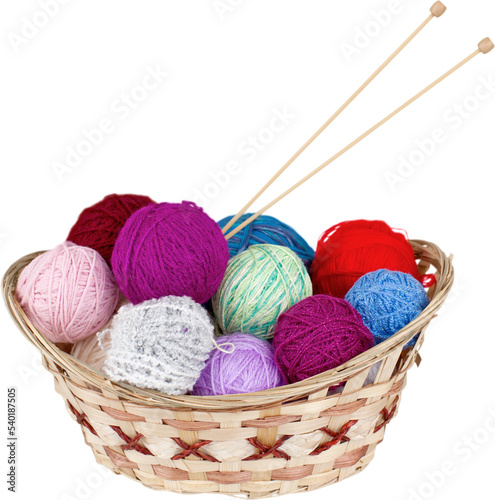 Balls of yarn in a basket with knitting needles