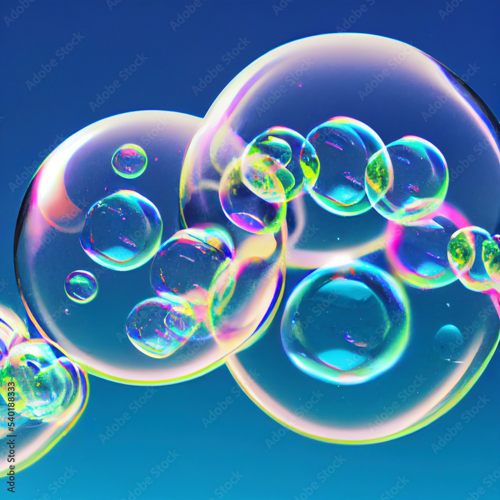 Very beautiful soap bubbles on a blue background like the sky.
