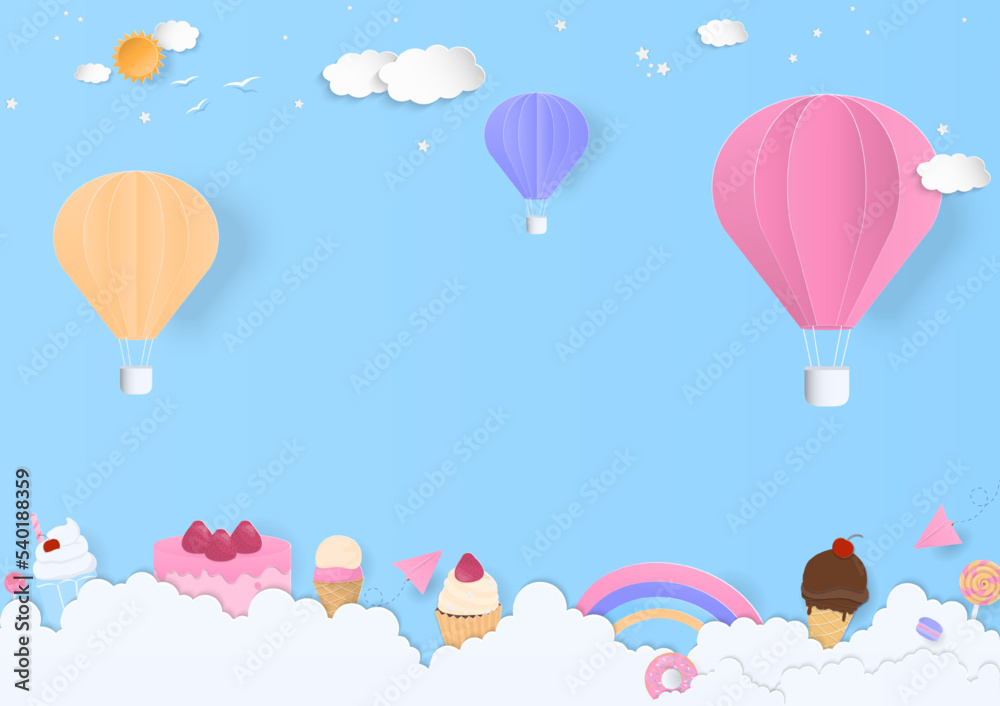Bakery and hot air balloons paper art background