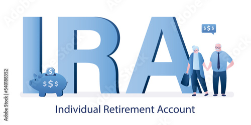IRA - individual retirement account, horizontal banner. Happy elderly couple, piggy bank with money. Financial freedom. Retirement savings, pension fund, passive income.