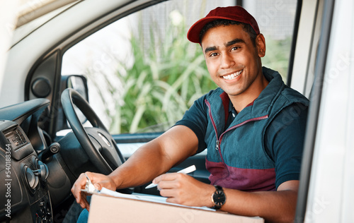 Logistics, supply chain and delivery with a shipping man in a van with a package and contract for retail. Ecommerce, truck and stock with a male transport worker out for commercial distribution