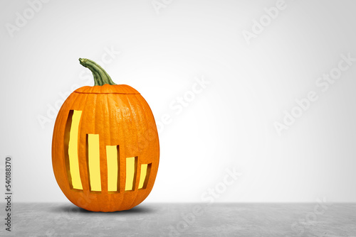 Fototapeta Autumn financial decline and Halloween season stock market crash concept as a fall season pumpkin symbol with a downward leaning finance chart arrow as a carved jack o lantern