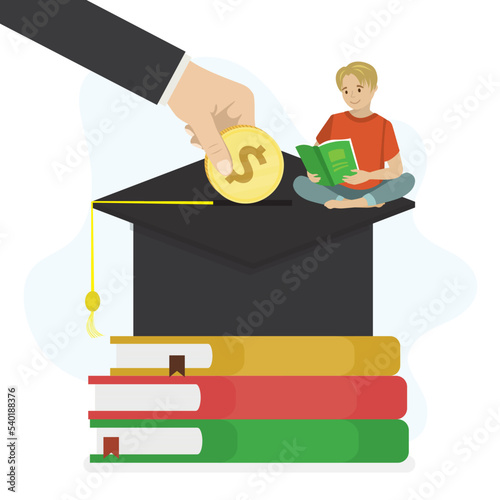 Big hand insert big dollar coin into graduate hat. Education fund for college, savings for school or university tuition fee. Smart student with textbooks. Investment in education, concept.