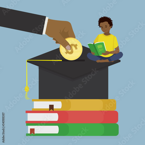 Big hand insert big dollar coin into graduate hat. Education fund for college, savings for school or university tuition fee. Smart student with textbook. Investment in education, concept.