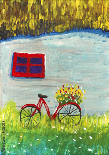 bike pink house window watercolor painting