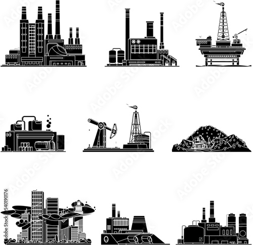 Industrial buildings with pollution flat black and white icon set