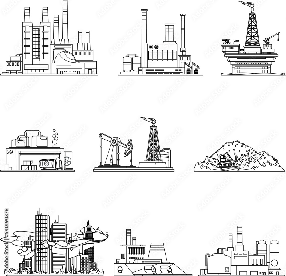 Industrial buildings with pollution flat outline icon set