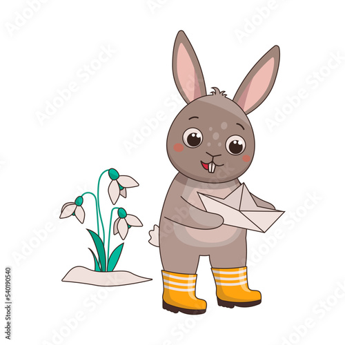 Cute vector hare in rubber boots holds a paper boat near a snowdrop. Vector graphic.	