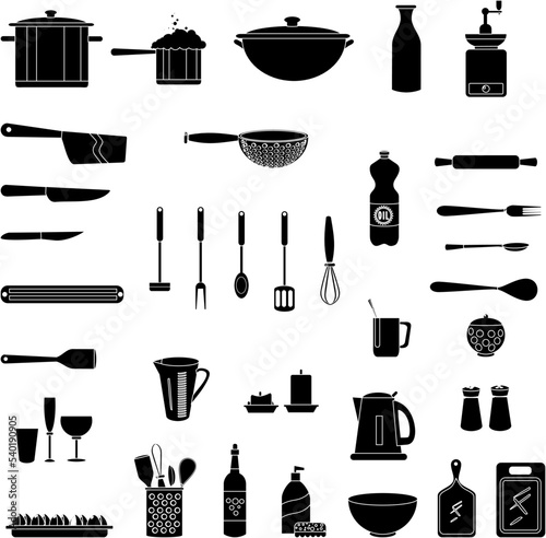 Kitchen interior elements black and white flat vector collection set