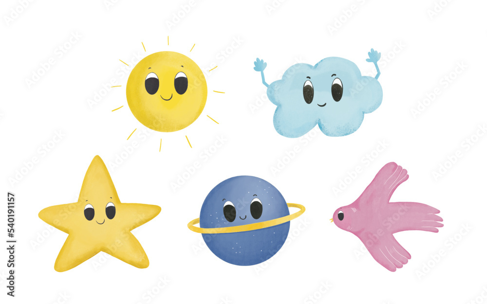 Adorable Childish flat Cartoon Planet Sun Bird Cloud Star Character Set Clipart Illustrations
