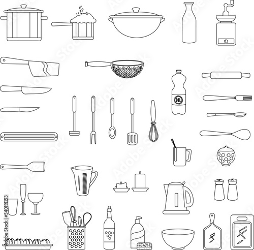 Kitchen interior elements outline flat vector collection set