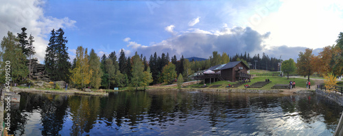 beautiful lake, rocks and picturesque nature in autumn. szklarska poreba, karkonosze, poland