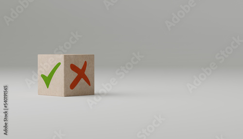 Tick mark and cross mark x on wooden cubes. pros and cons concept. Wooden cube with image of pros versus cons. Concept of positive or negative decision. copy space photo