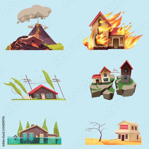 Life threatening situation and natural disasters color collection set