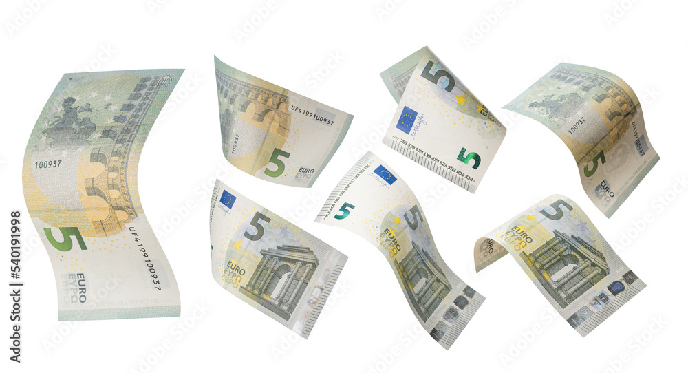 Five euro bill banknote isolated on white background. - obrazy, fototapety, plakaty 