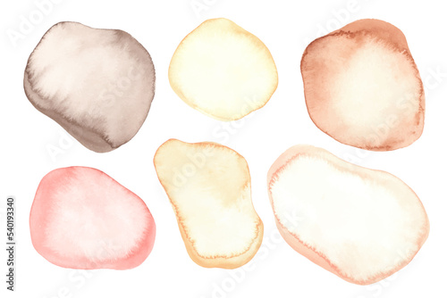 Set of watercolor abstract forms, blobs, shapes. Soft pastel colors. Pink, yellow, beige textures, backgrounds.