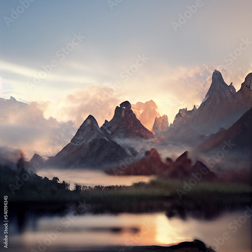 Peaceful Mountain Panorama Landscape with clean river. 3D illustration artwork