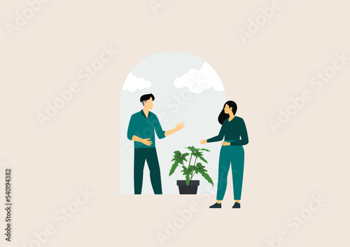 A man aids person gets rid of depression, anxiety and stress. Friend or caregiver supports female and helps start the new life. Psychological concept of life improvement. Vector illustration