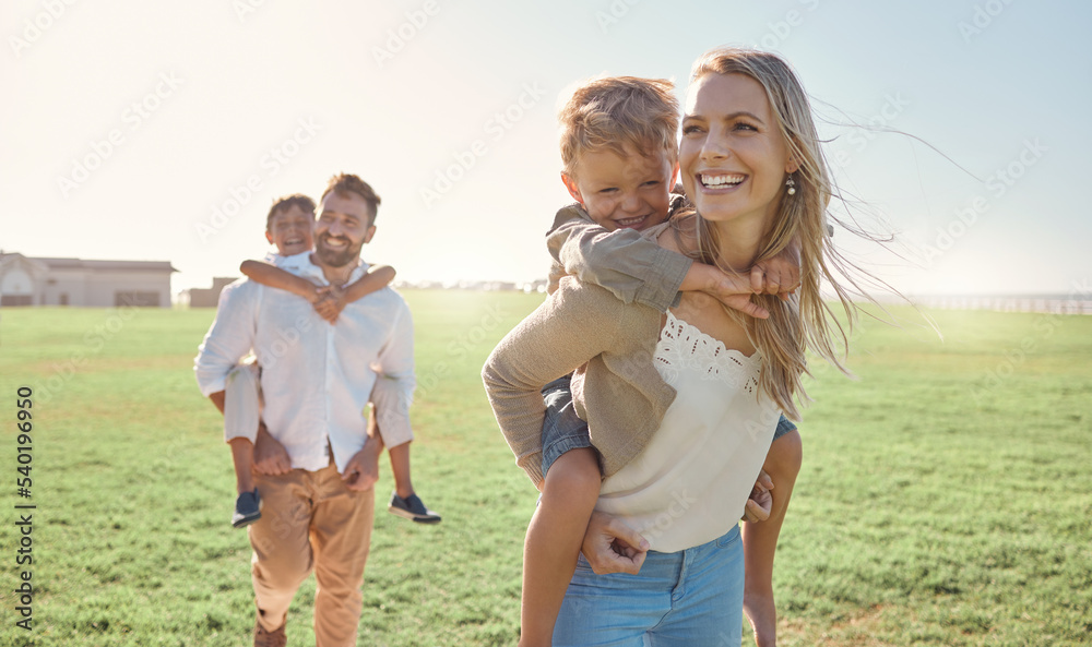 Fototapeta premium Family, kids and piggy back at park, nature or outdoors on vacation, holiday or summer trip. Love, support and caring parents, man and woman bonding with boys, carrying and enjoying fun time together