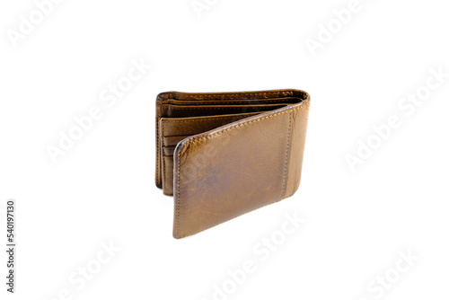 Top view of a black genuine leather wallet split on a white background.