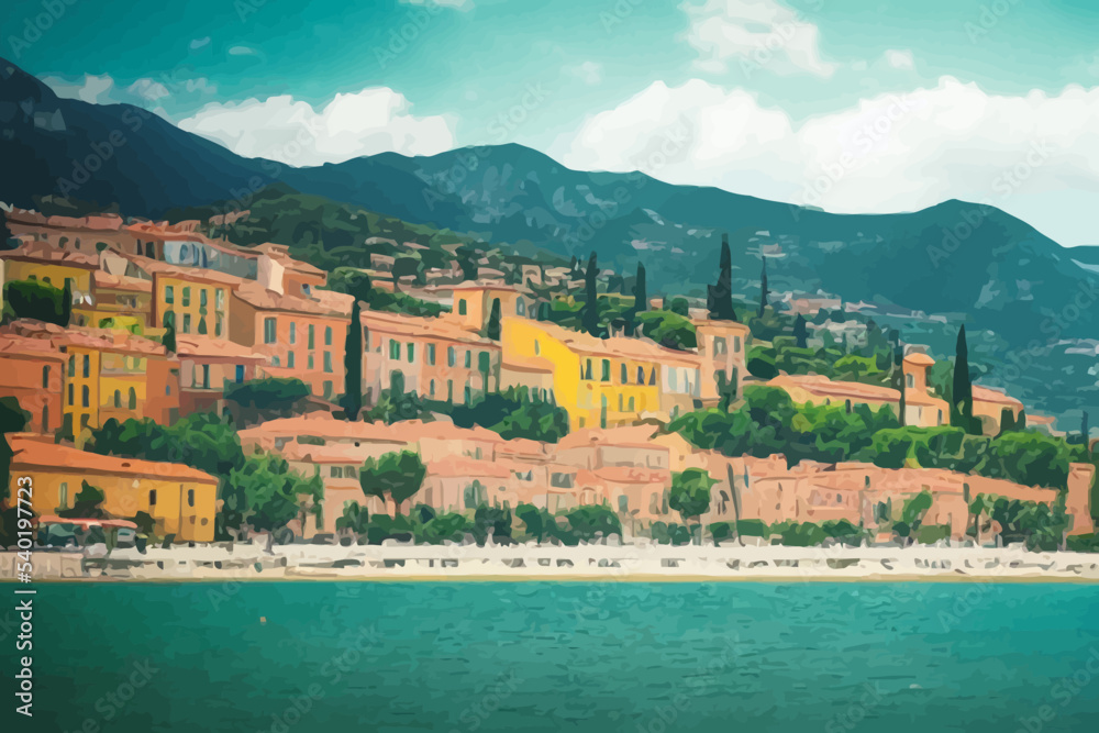 menton background landscape illustration with colored houses