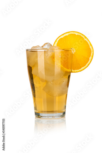 Yellow drink with ice cubes and orange slice on white background, isolated