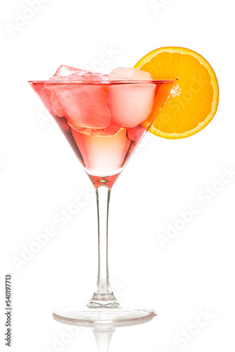 red drink with ice cubes and orange slice on white background, isolated