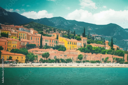 menton background landscape illustration with colored houses