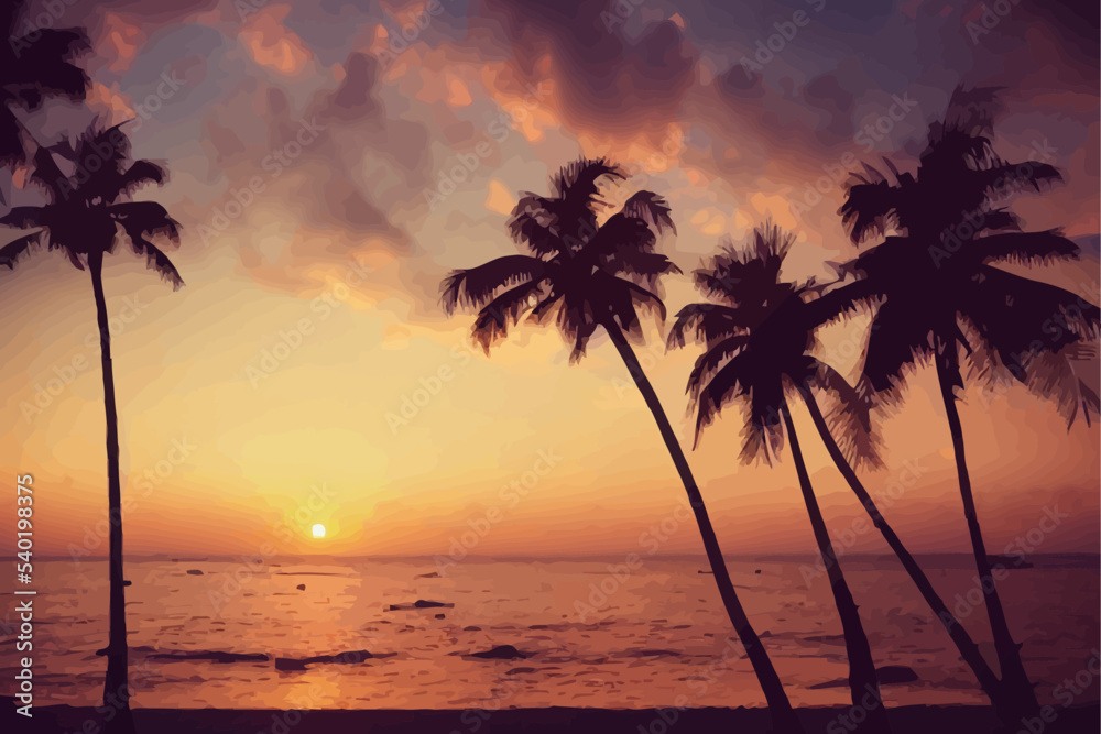 sunset tropical beach with palm trees and sea, nature.