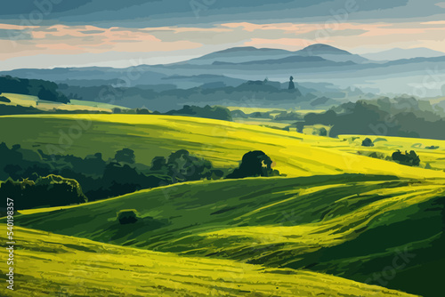 sunny rural landscape with hills and fields at dawn