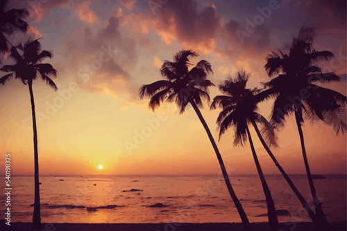 sunset tropical beach with palm trees and sea, nature.