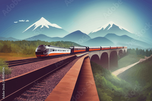 train on bridge, mountain landscape with speed.