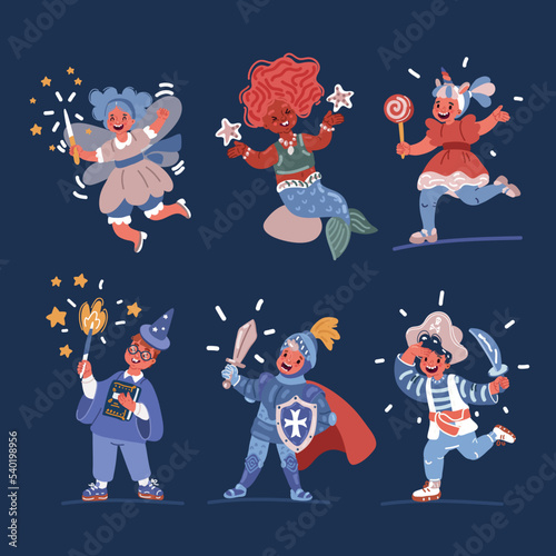 Cartoon vector illustration of Girls, fairy, mermaid, unicorn. Boys, pirate, wizard, khight
